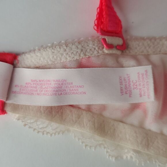 Victoria's Secret Very Sexy Push-Up Lace Bra Bright Pink Off White Floral 32C - Picture 9 of 9